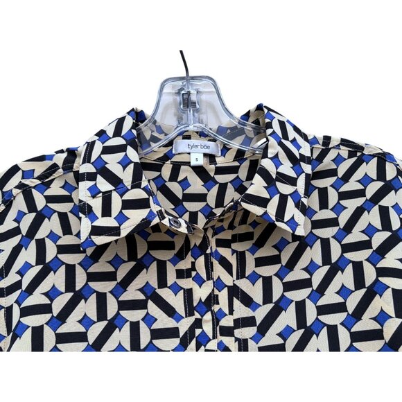 Tyler Boe Silk Shirt S Oversized Popover Geometric Roll Tab Snap Front 100% Silk - Picture 2 of 7